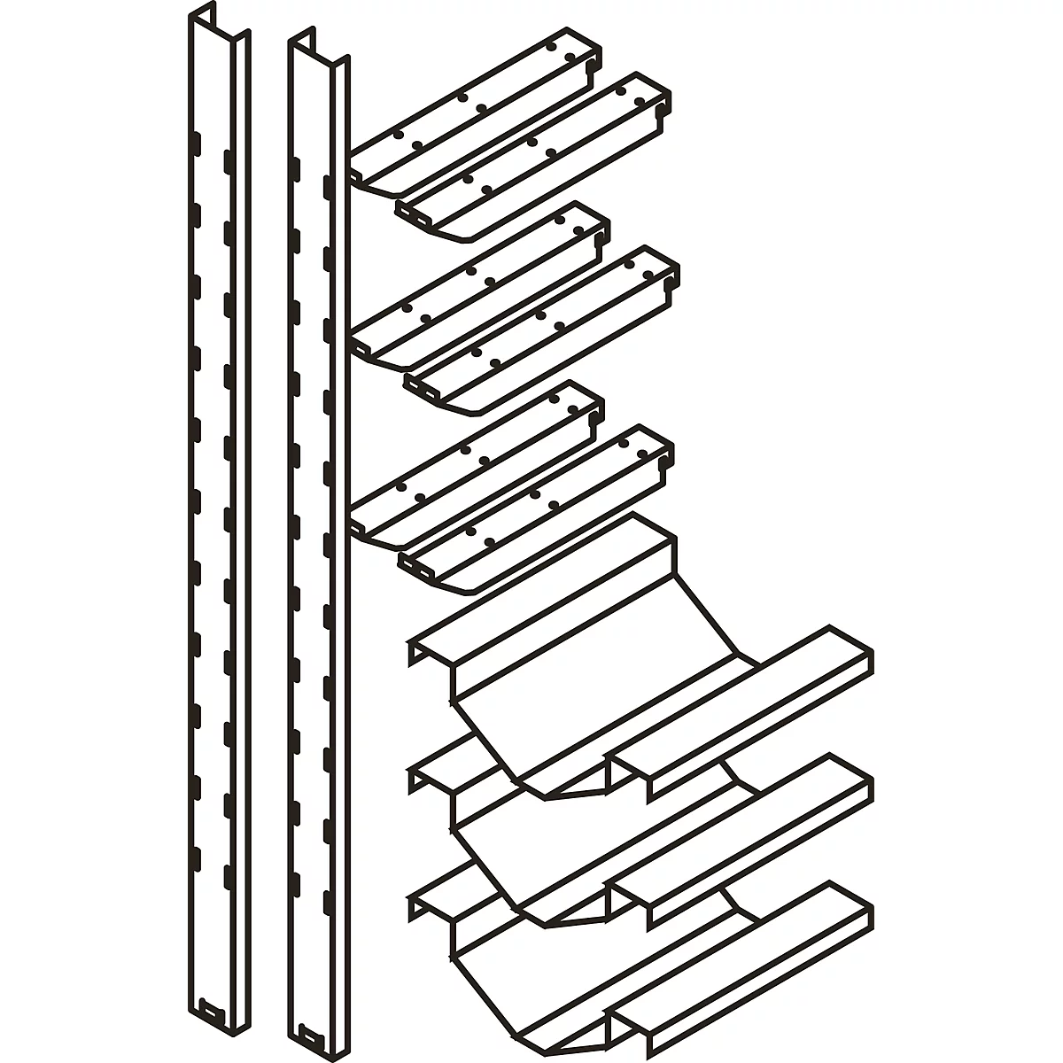 Overhead view: Parts of a shelf system, black line drawing, disassembled into individual parts.