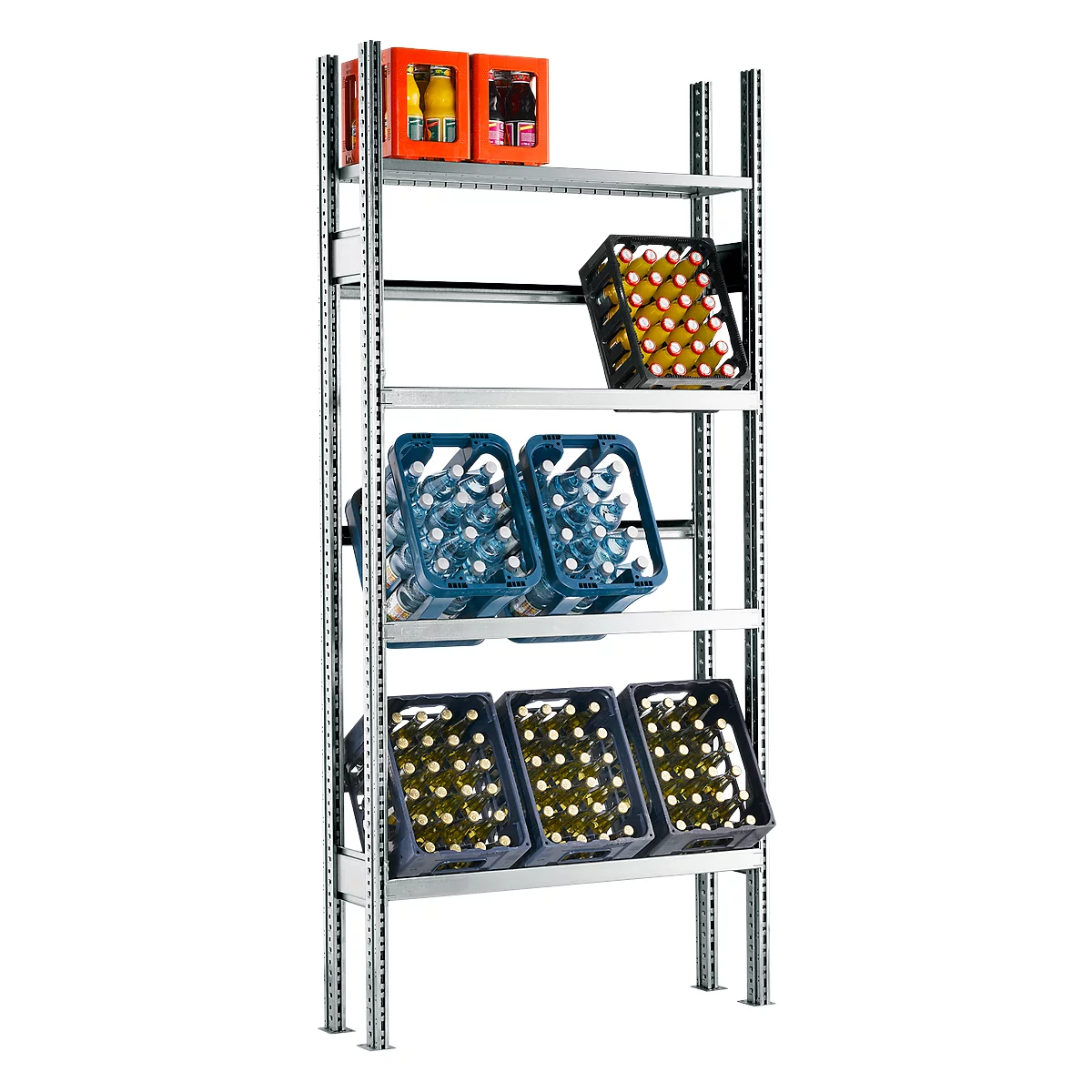 Metal shelf with beverage crates in various colors. Several crates of beverages are stacked on the shelves.