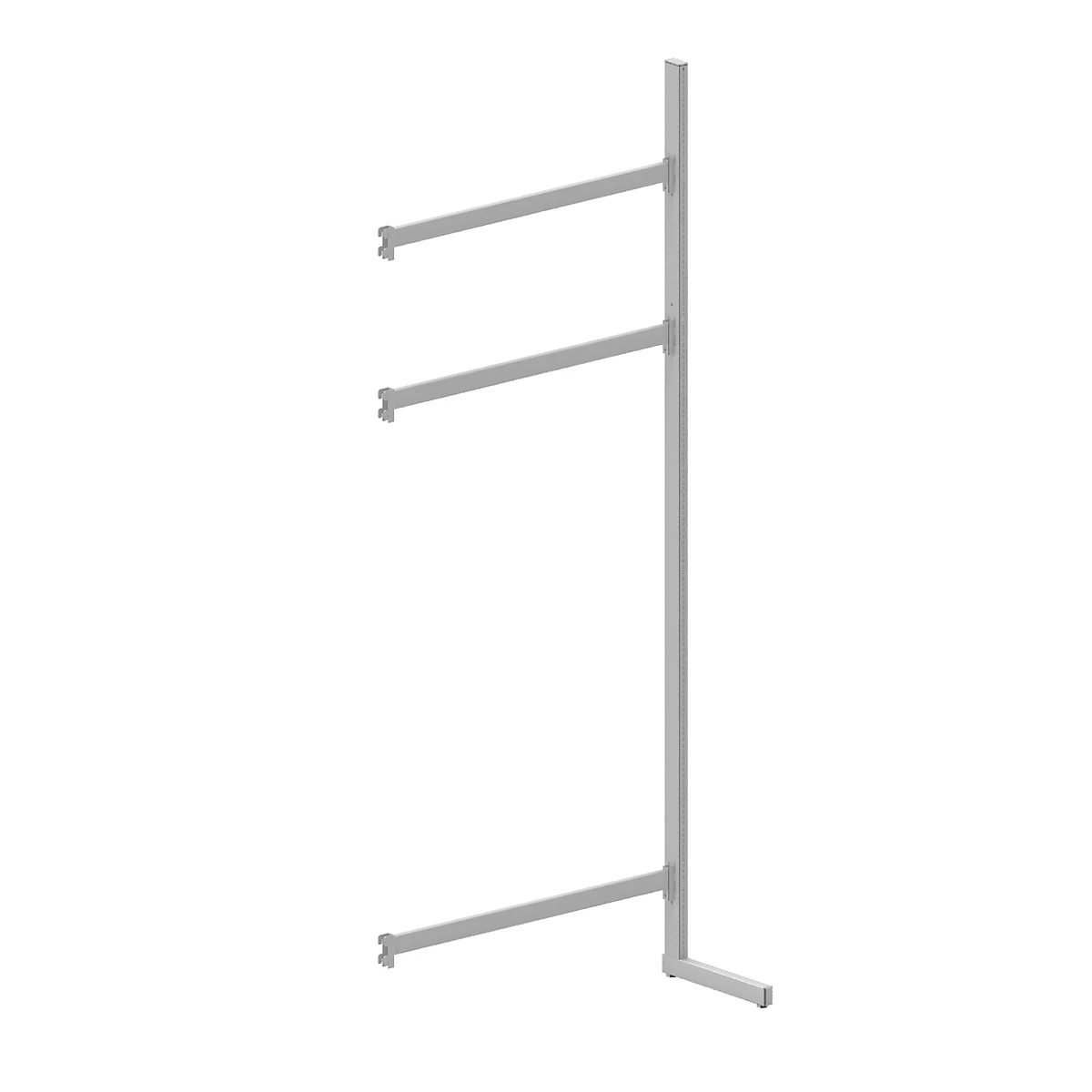Gray metal shelf with three arms against a white background.