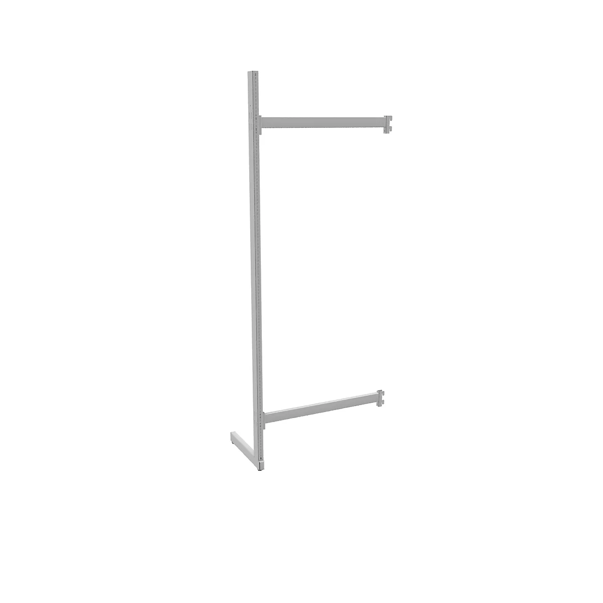 Grey, free-standing clothes rack frame with one vertical bar and two horizontal arms.