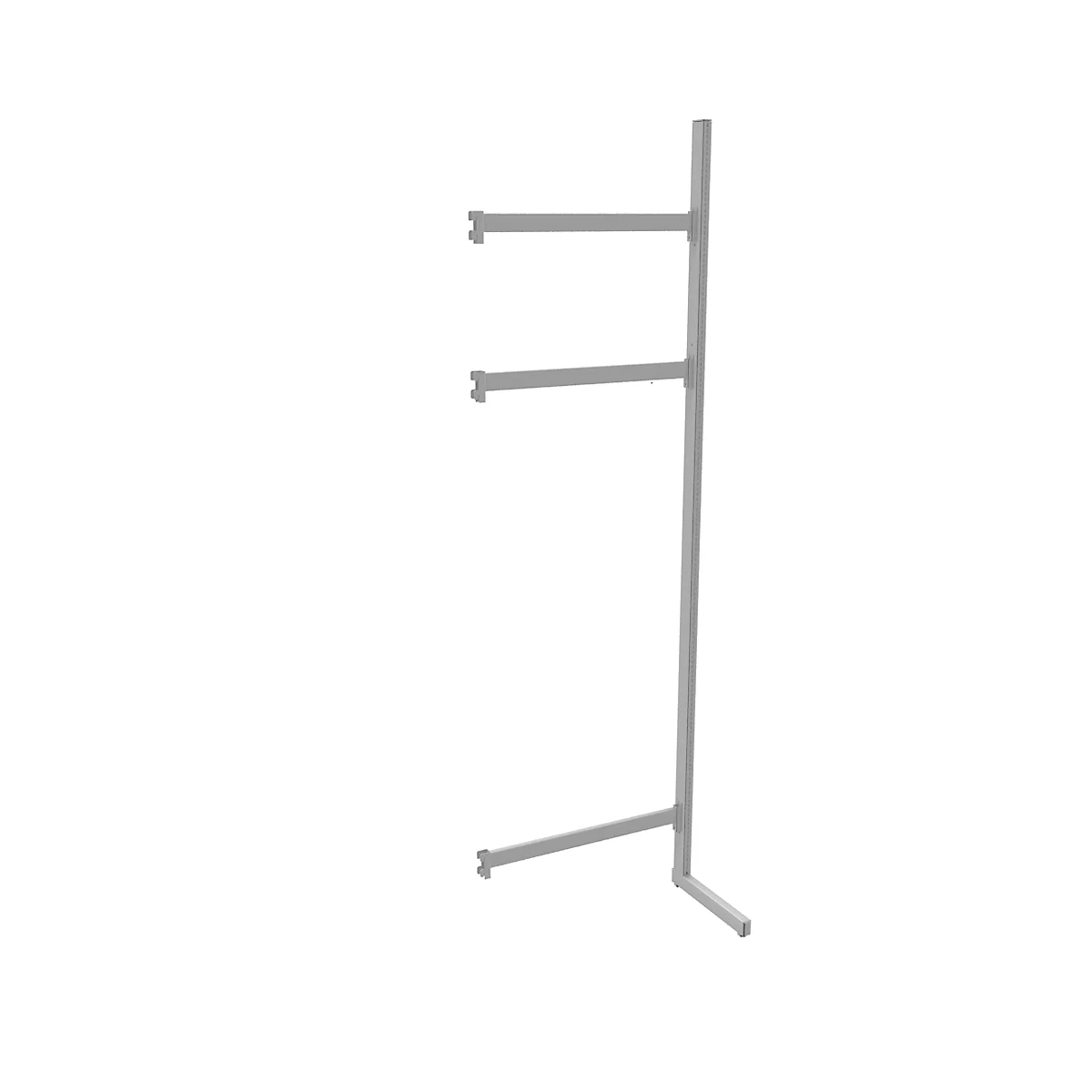 Freestanding metal clothes rack, grey, with two rods.