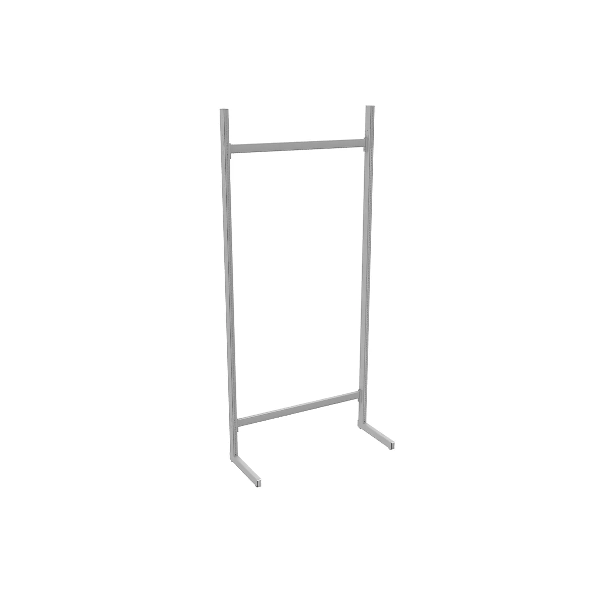 Gray metal construction, free-standing, for presentation purposes. Vertical bars, horizontal crossbar and foot.