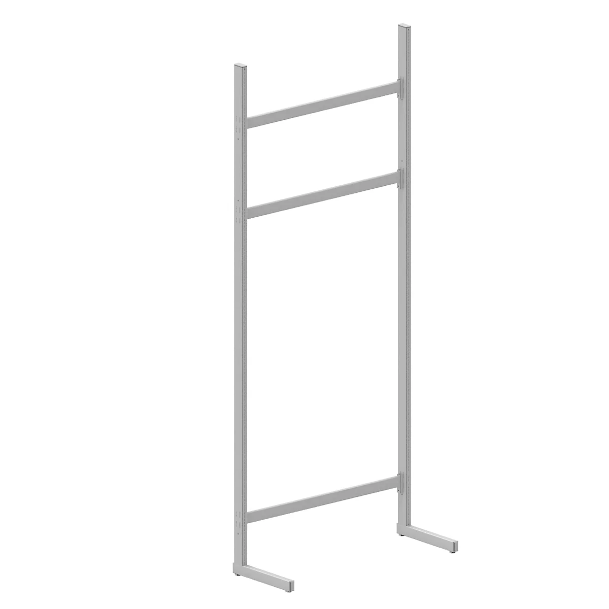 Gray metal ladder frame. Two crossbars connected by two vertical bars. Feet for standing.