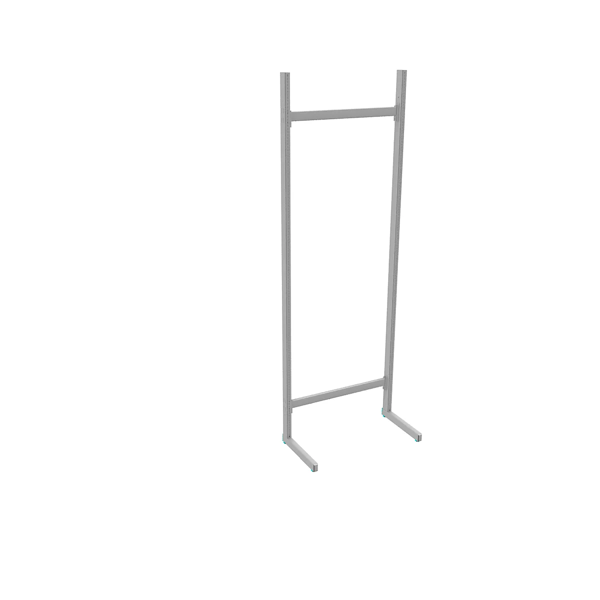 Gray metal stand. Rectangular shape, with a crossbar and two feet.