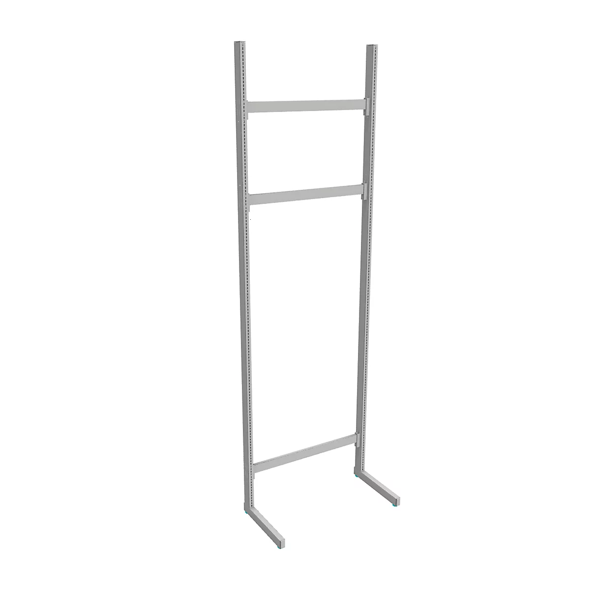 A silver, freestanding frame. The structure consists of vertical and horizontal struts.