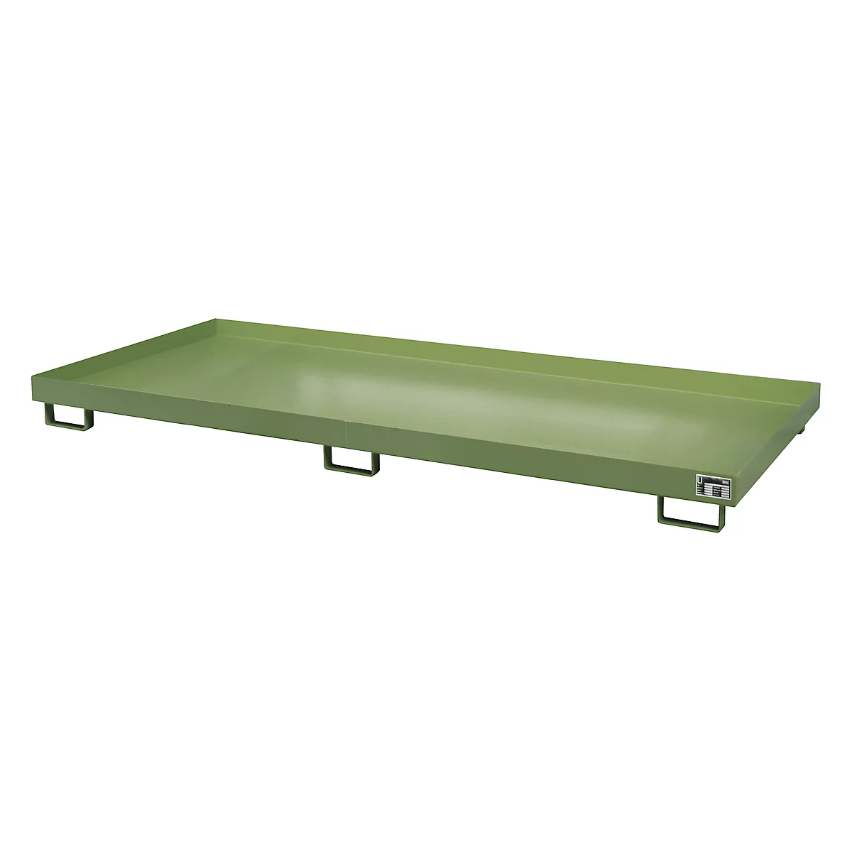 Green, rectangular metal tray on black feet. With a manufacturer's logo in the bottom right.