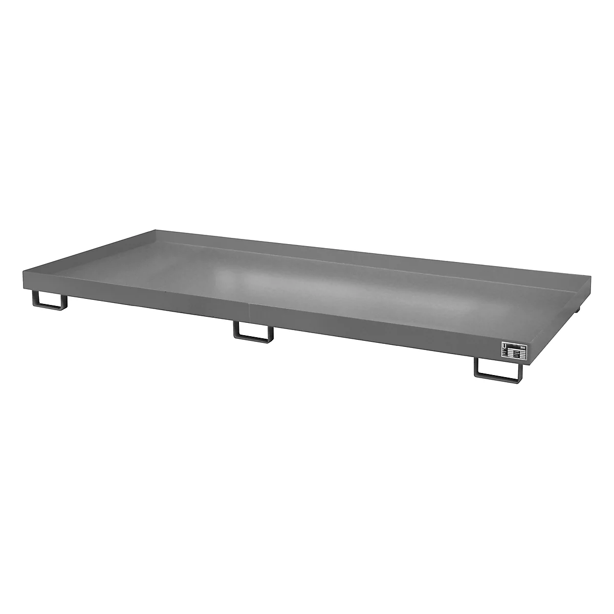Gray metal pallet with legs, rectangular, against a white background. Logo on the bottom right.