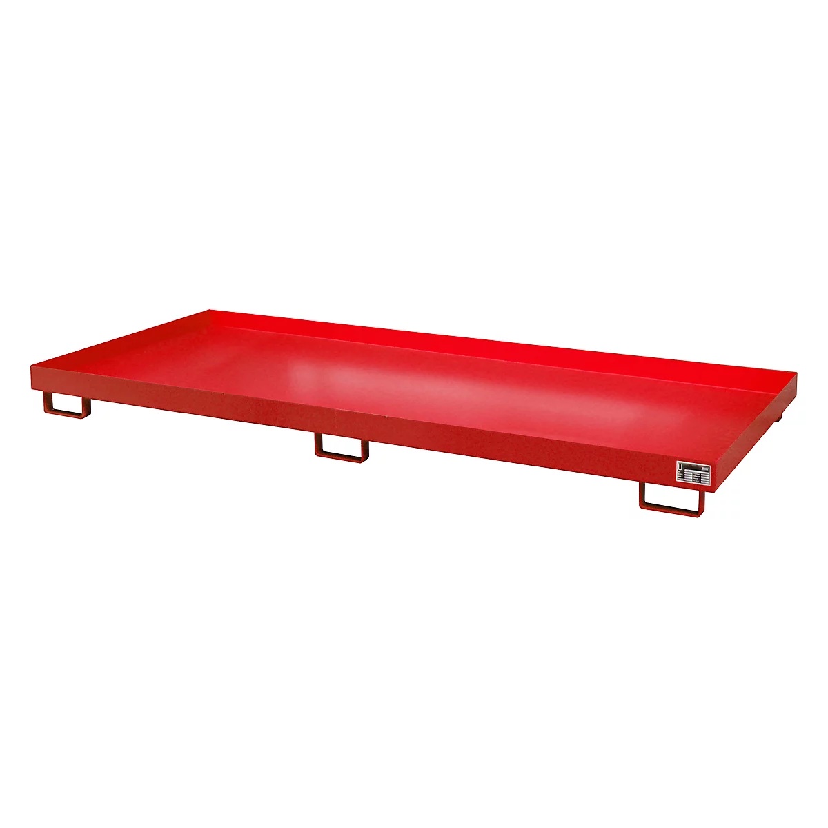 Red, rectangular drip pan with four feet. A white company logo is on the side.