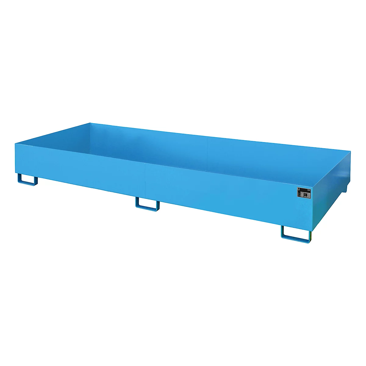 Blue rectangular trough on four metal legs.
