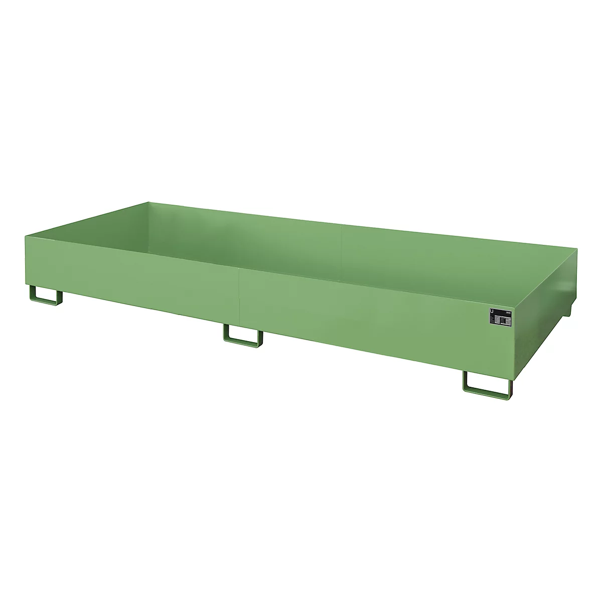 Green, rectangular tub with feet, ideal for storage. Sturdy construction, clean lines.