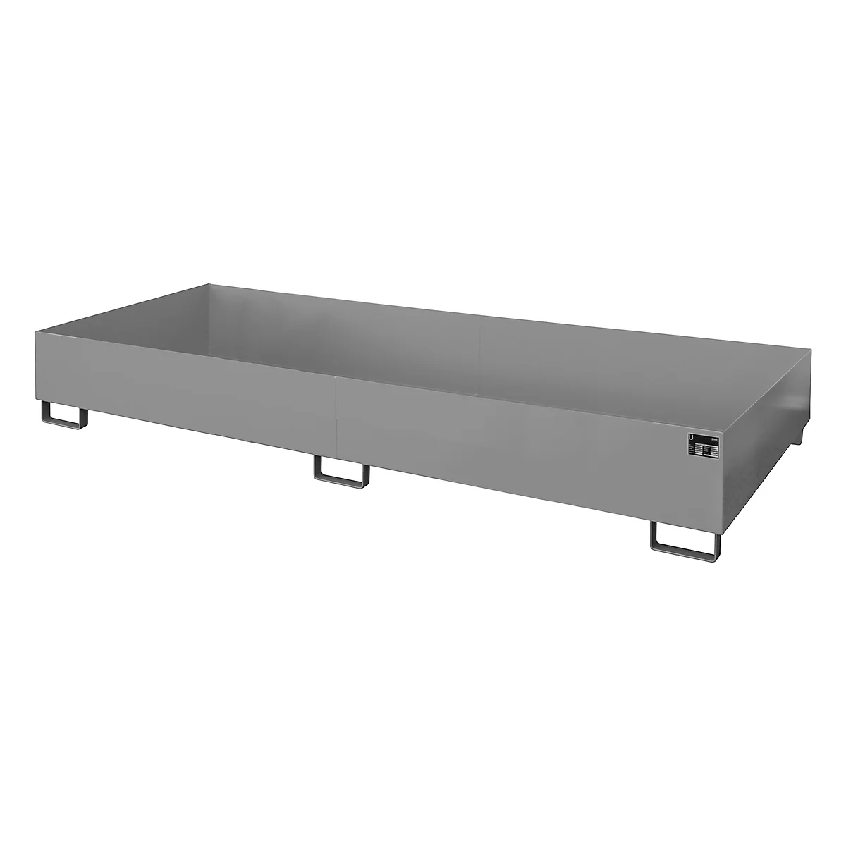 Gray, rectangular metal tub, on black feet, with a small company logo.