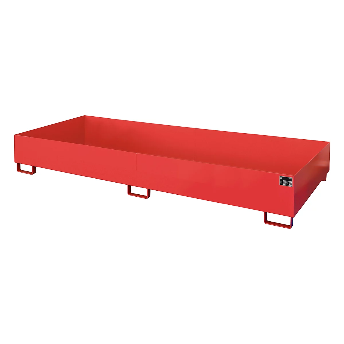 Red metal drip pan, rectangular, with feet. A small sign at the back.