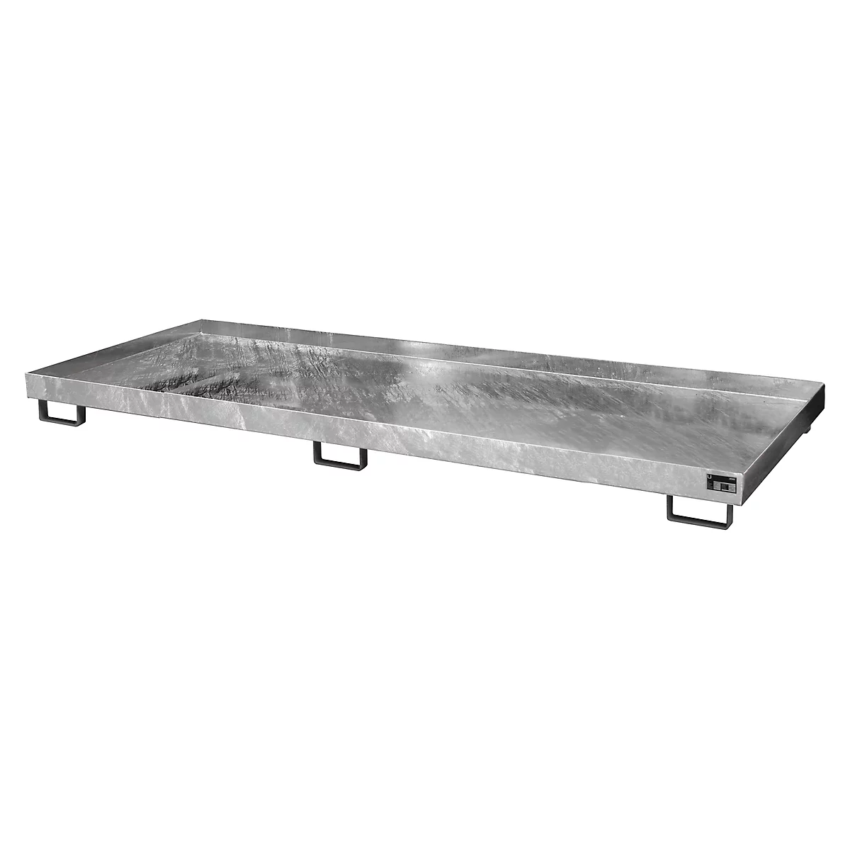 Rectangular metal trough with legs. Gray, shiny surface, ideal for industrial purposes.