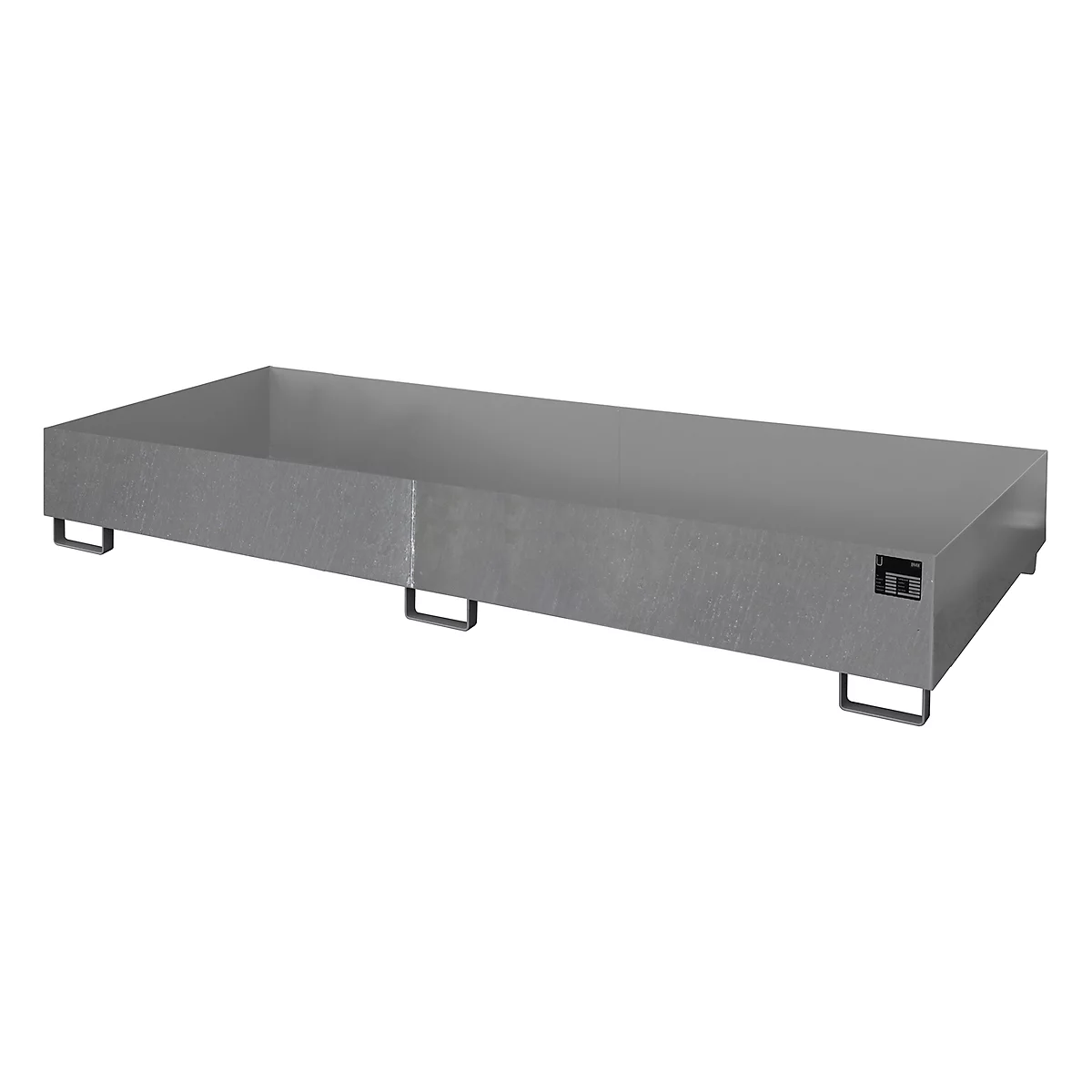 A rectangular gray metal container stands on black, U-shaped feet. The container has an open top.
