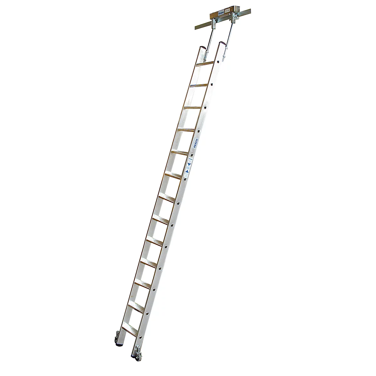 A silver ladder leaning against a mounting. It has wooden steps and wheels at the bottom.