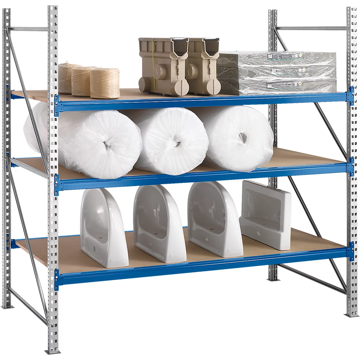 Warehouse rack with sanitary ceramics, paper rolls, and other items. The blue bars support the wooden shelves.
