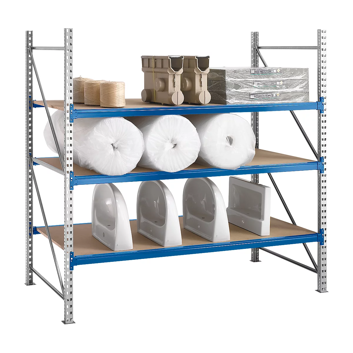 A metal shelf with a blue frame, filled with sanitary ceramics, rolled goods and other items.