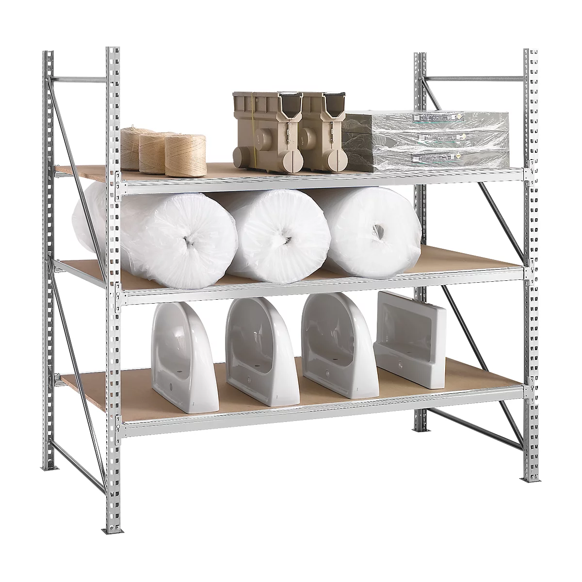 A storage rack with various items: rolls, plastic parts, gift wrapping. All arranged on different levels.