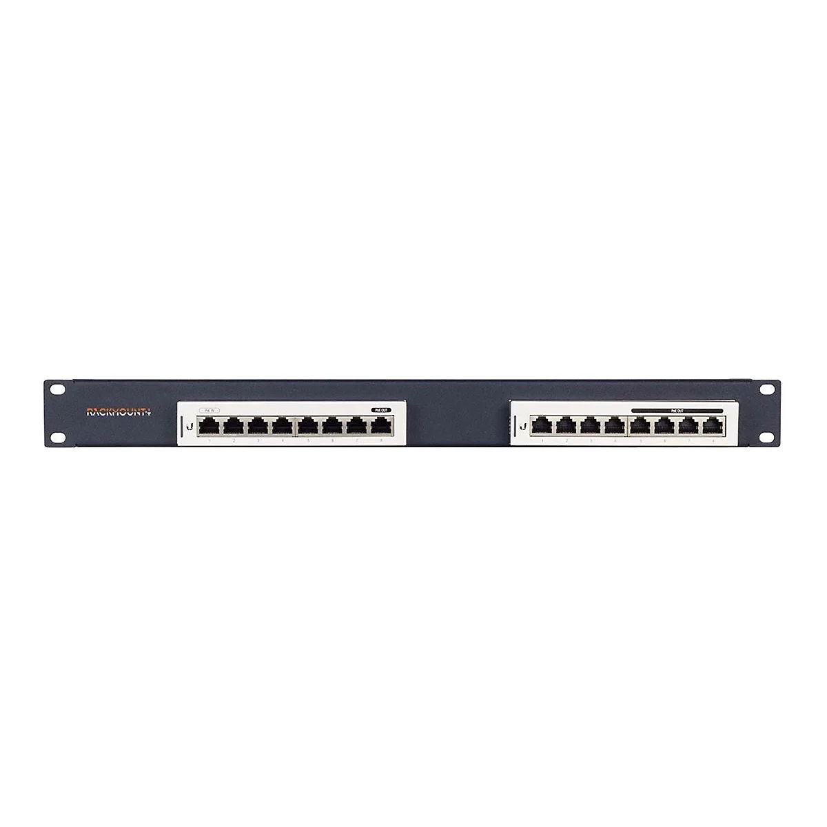 Ein schwarzes Rackmount-Patchpanel mit acht RJ45-Ports auf weißem Hintergrund.
