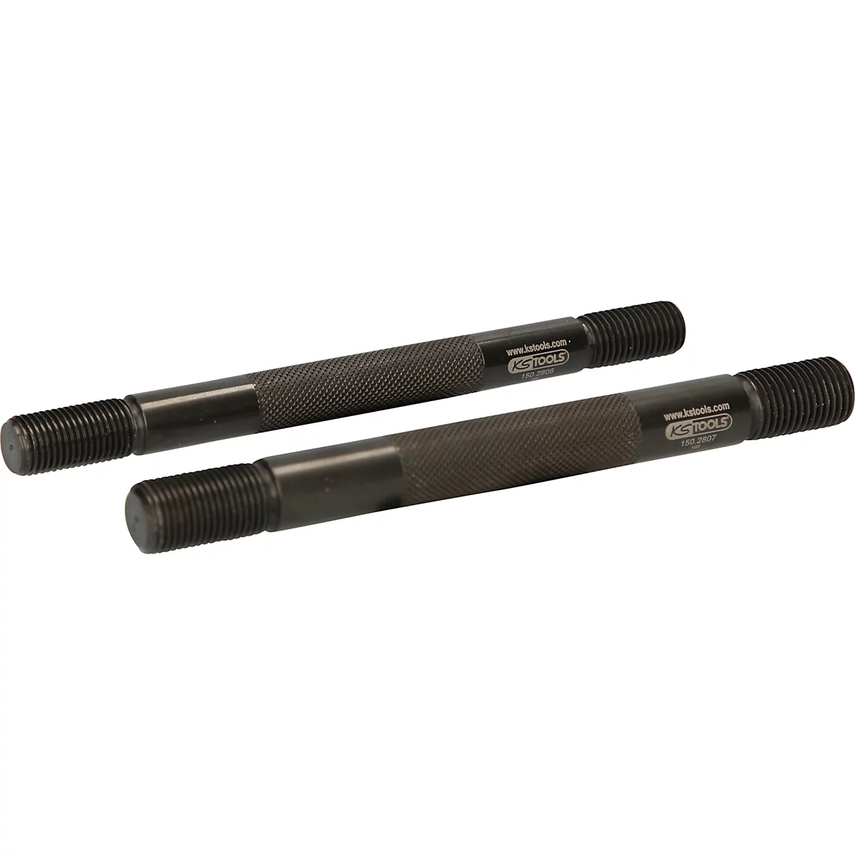 Zwei schwarze Werkzeugstifte mit gerändelten Griffen und Gewinden. Auf einem steht KS TOOLS.
