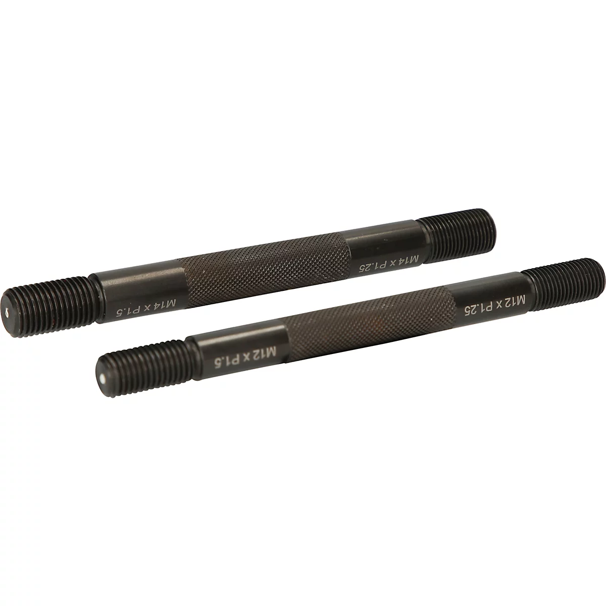 Zwei schwarze Werkzeuge mit Gewinde und geriffelten Griffen. Aufschrift: M12 x P1.5 und M14 x P1.25.