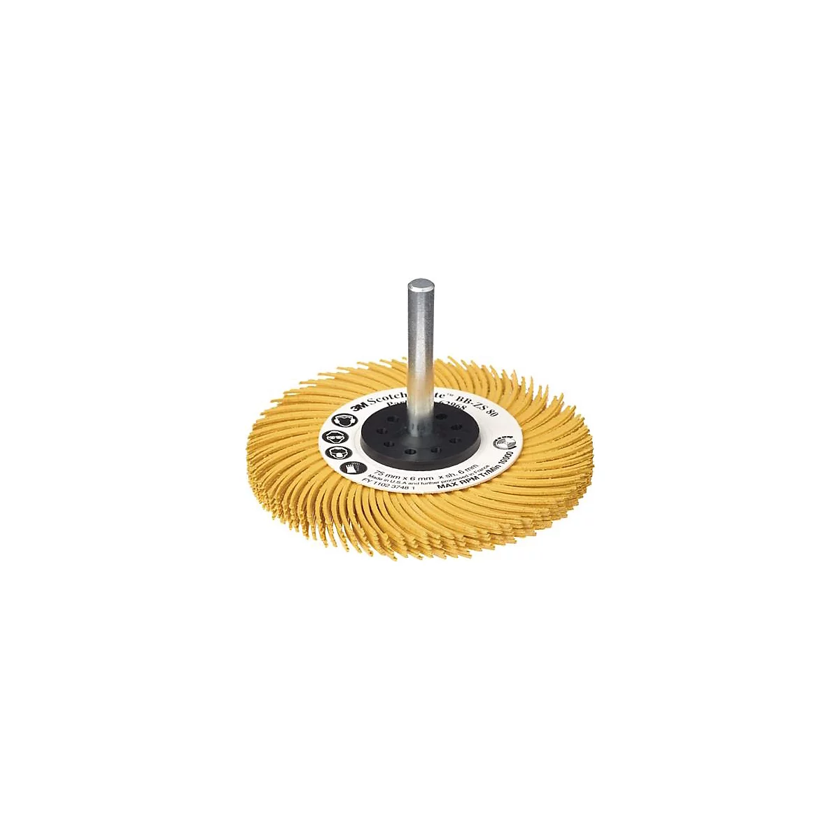 Gele borstel met centrale metalen pin. Productinformatie en logo's op de schijf.