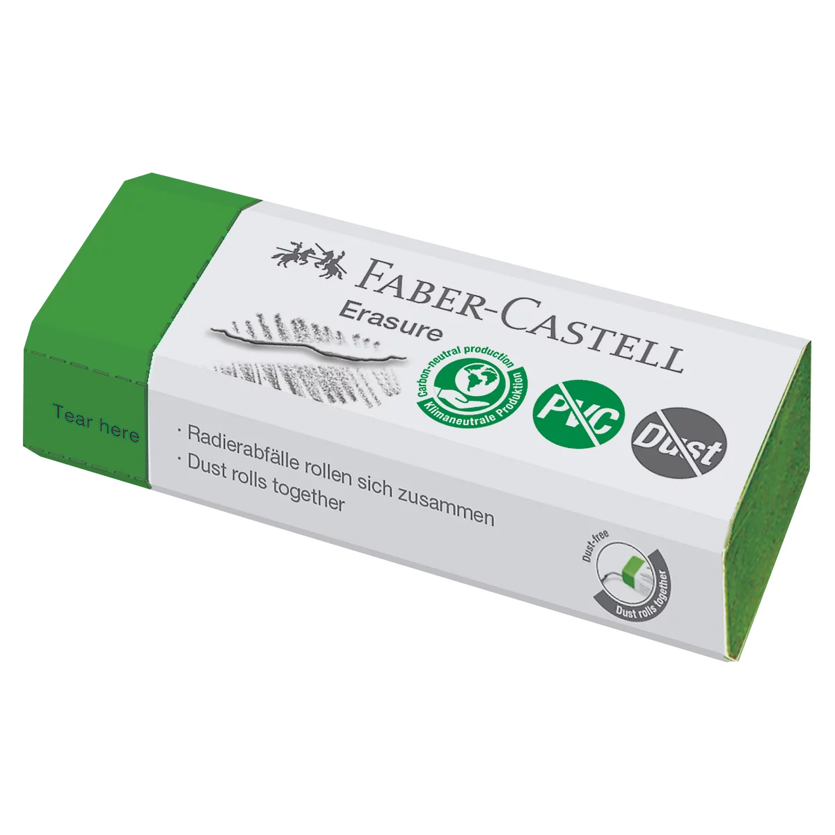 Radierer FABER-CASTELL Erasure Dust-Free, für schmierfreies Radieren, PVC-frei, B 45 x T22 x H 13 mm, grün