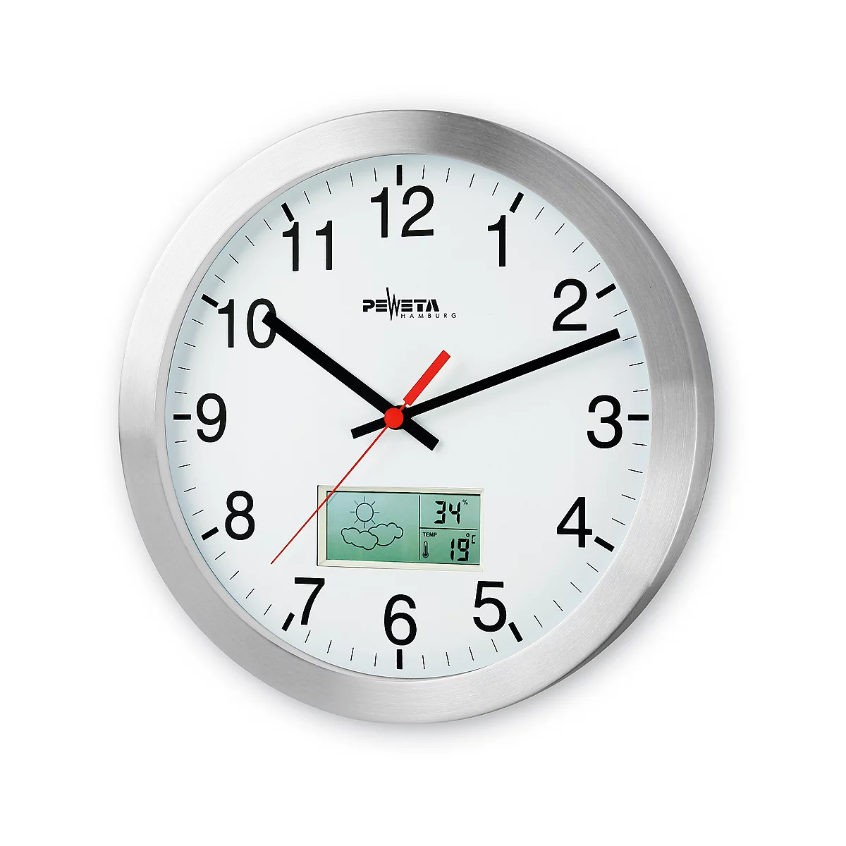 A silver wall clock with black hands and a red second hand. The display shows weather forecast and temperature.
