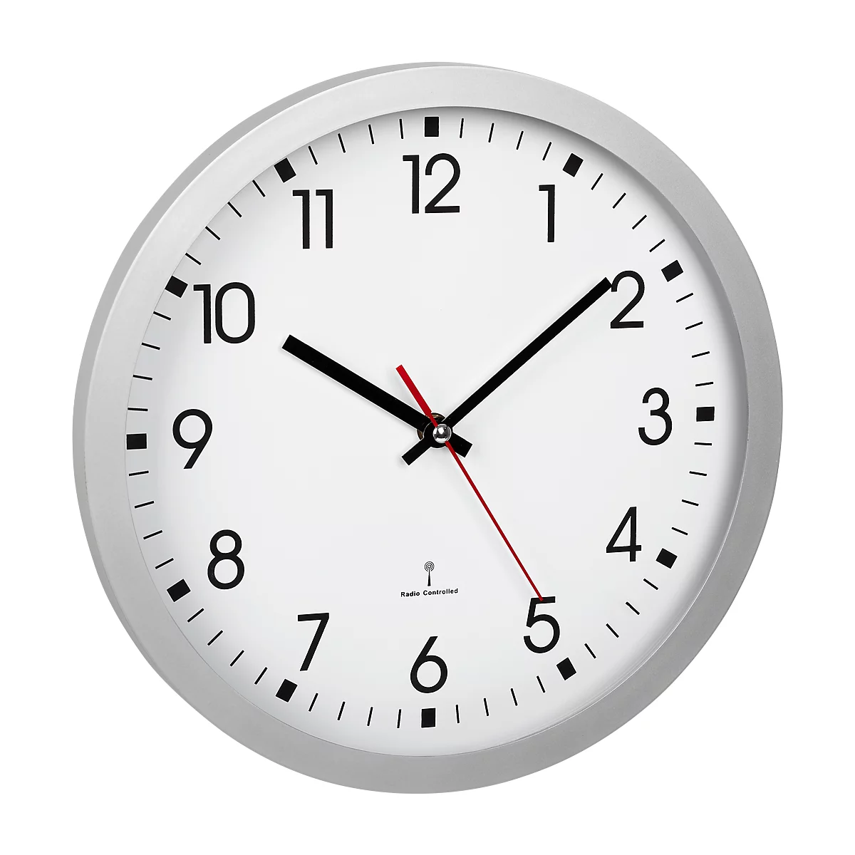 A round wall clock with a silver frame, white dial, and black numerals. The minute hand points to the 10, the hour hand to the 2.