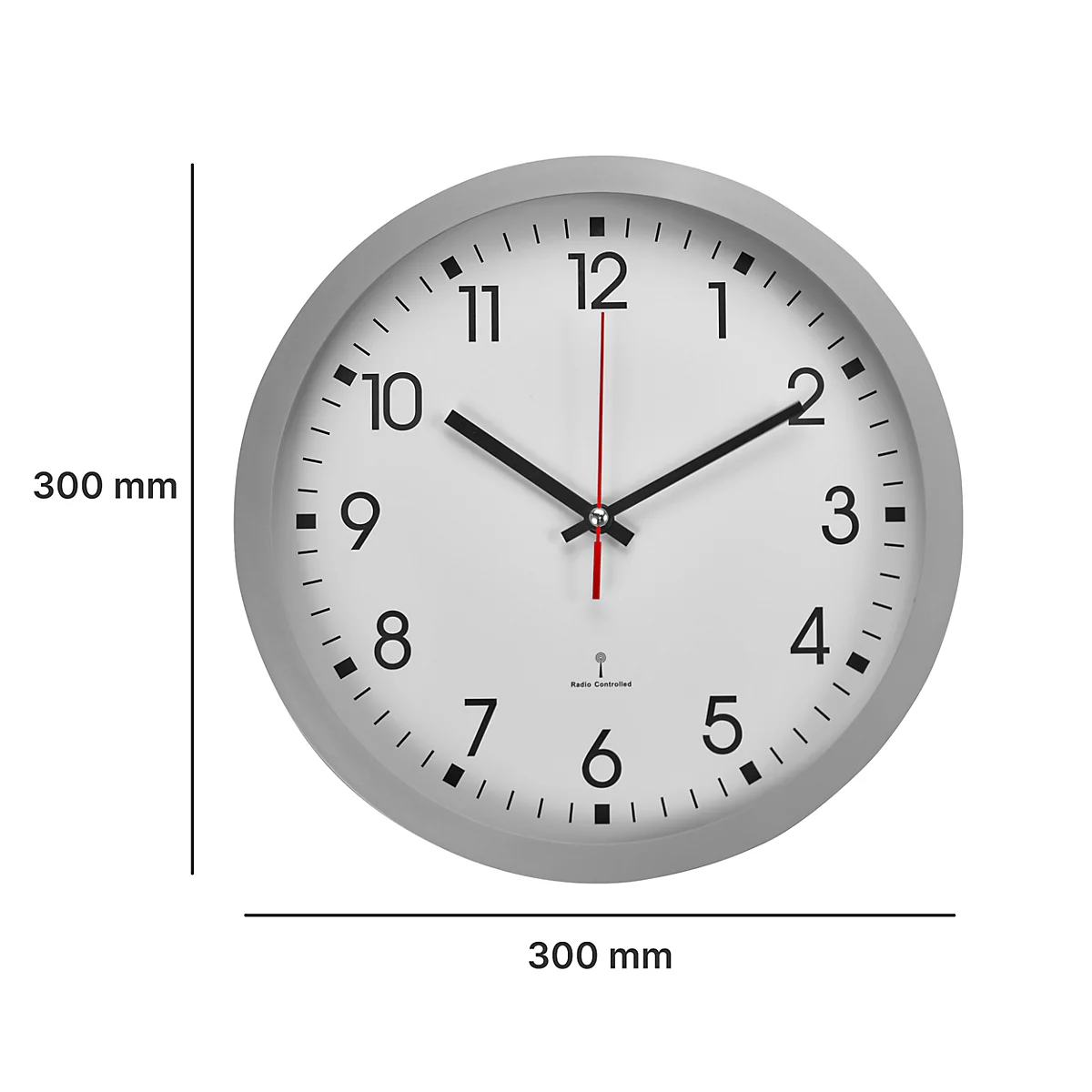 Grey wall clock with a white face, black hands, a red second hand. Dimensions 300mm.