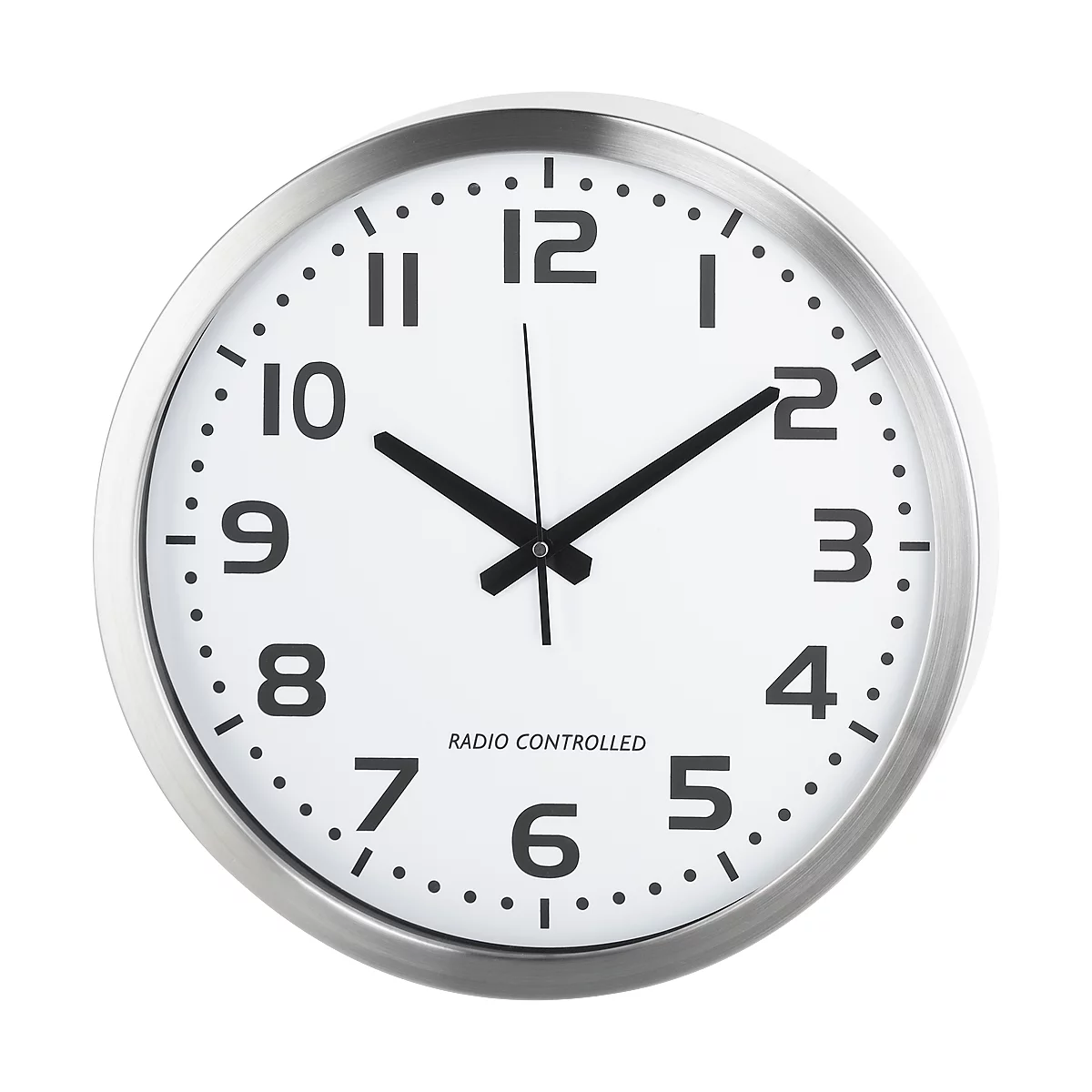 White radio-controlled clock with black numerals, silver frame, and black hands. The dial reads "Radio Controlled."