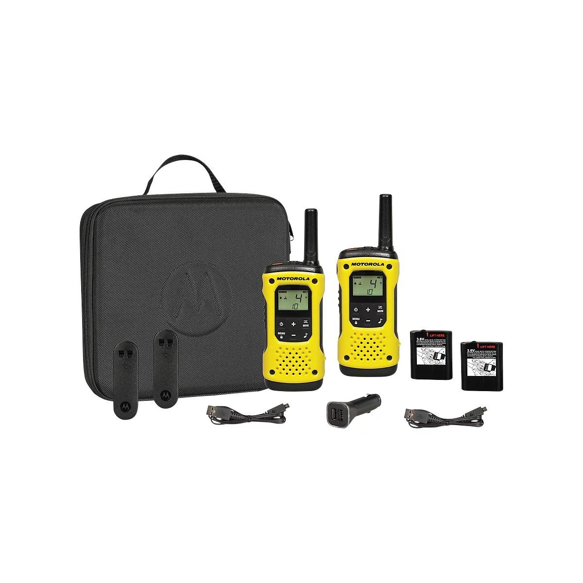 Two yellow and black walkie-talkies with accessories like a case, batteries and chargers.