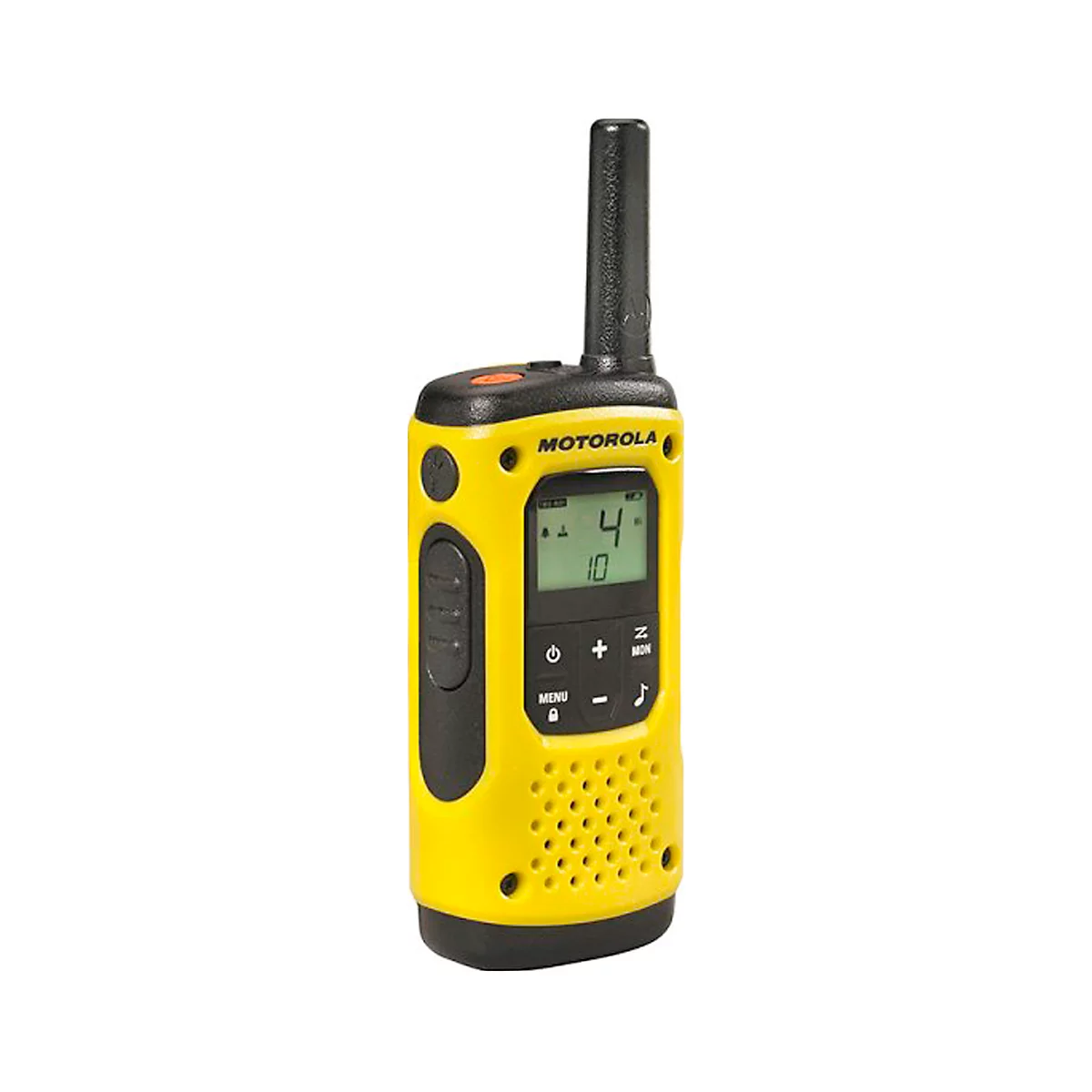 Yellow walkie-talkie with black antenna and buttons. The display reads "4" and "10". Motorola brand name visible.