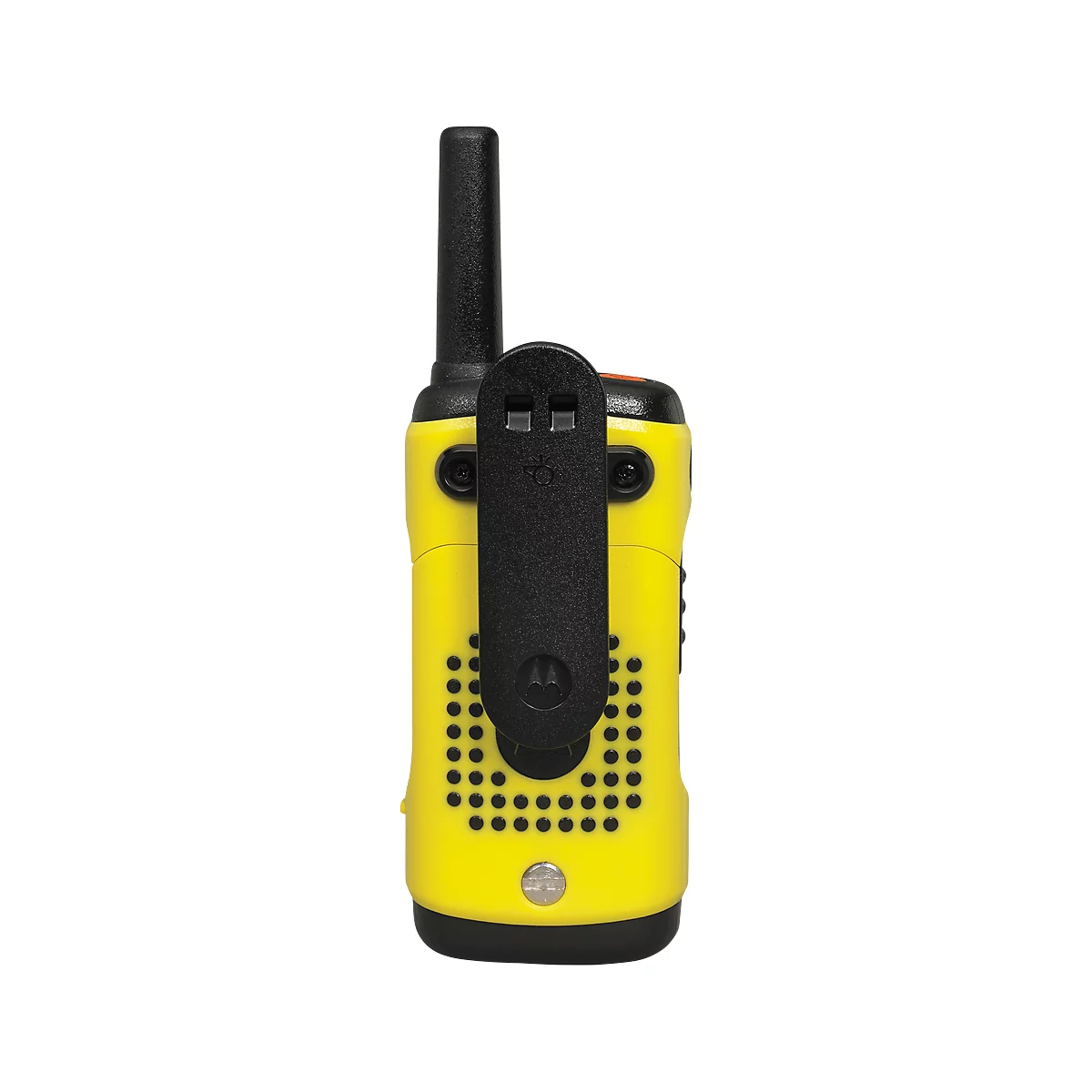 Back view of a yellow walkie-talkie with black belt clip.