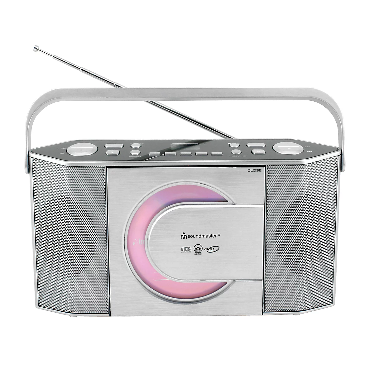 Radio Soundmaster argenté avec poignée, antenne et lecteur CD intégré. Sur le lecteur CD, un anneau lumineux rose.