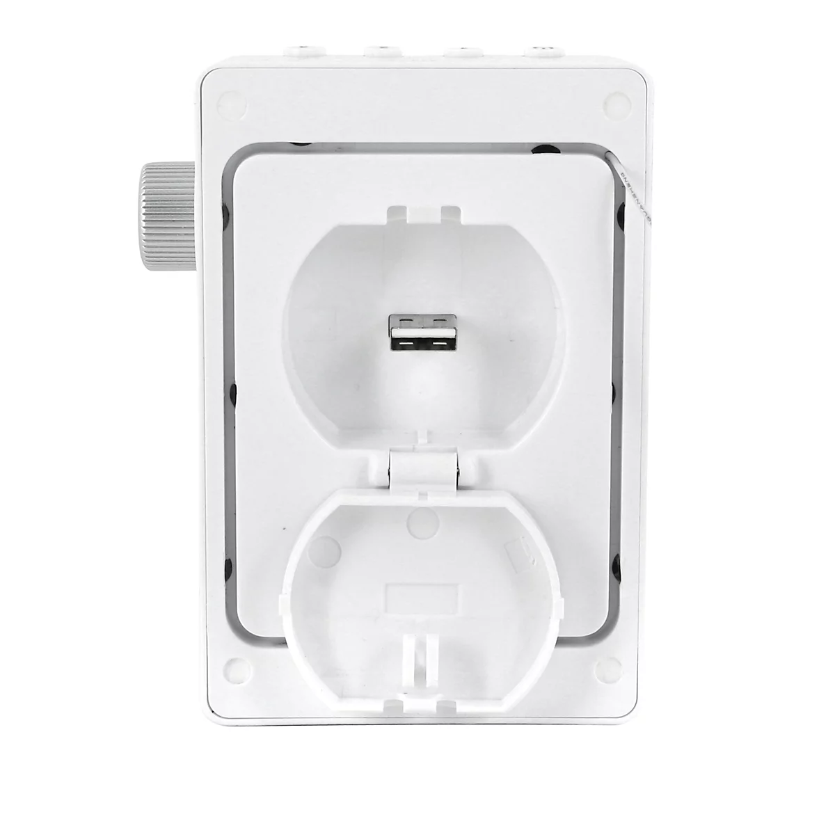 Prise murale blanche avec port USB et couvercle. Il y a un bouton argenté sur le côté gauche.