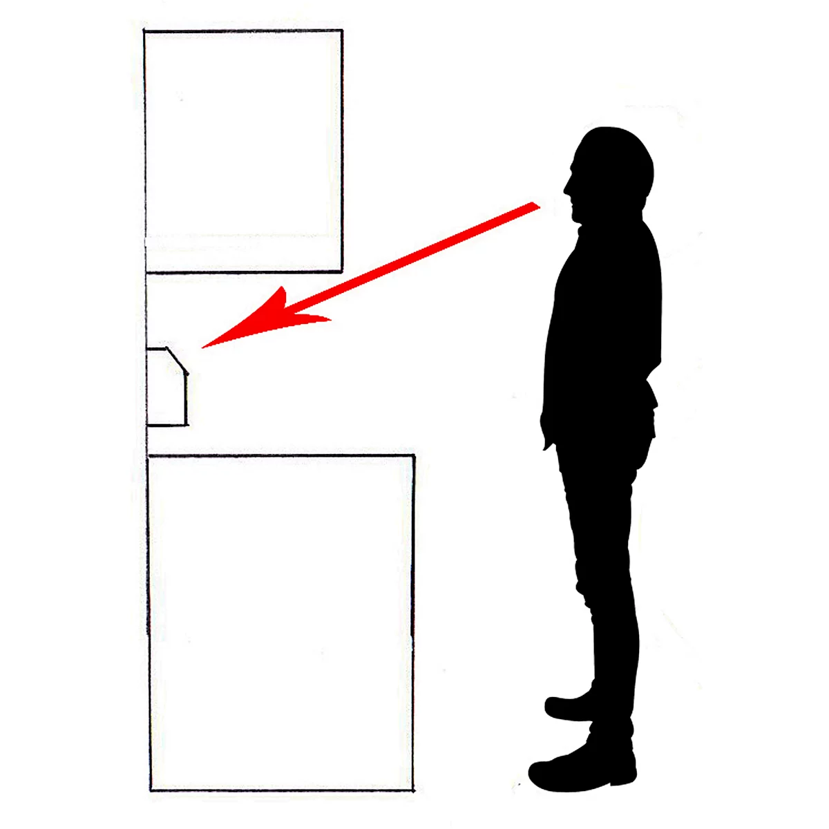Une silhouette d'un homme regardant un objet. Une flèche rouge pointe vers un objet rectangulaire.