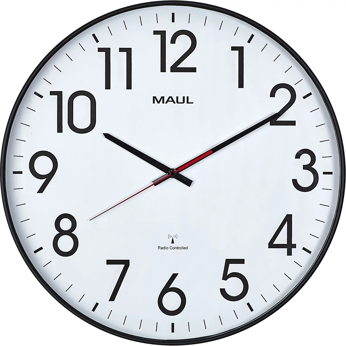 Radiogestuurde wandklok Maul MAULclimb, rond, voor binnengebruik, extra grote Arabische cijfers, minuten &amp; uureenheid, ∅ 470 mm, kunststof &amp; mineraalglas, zwart-wit-zwart, incl. batterij
