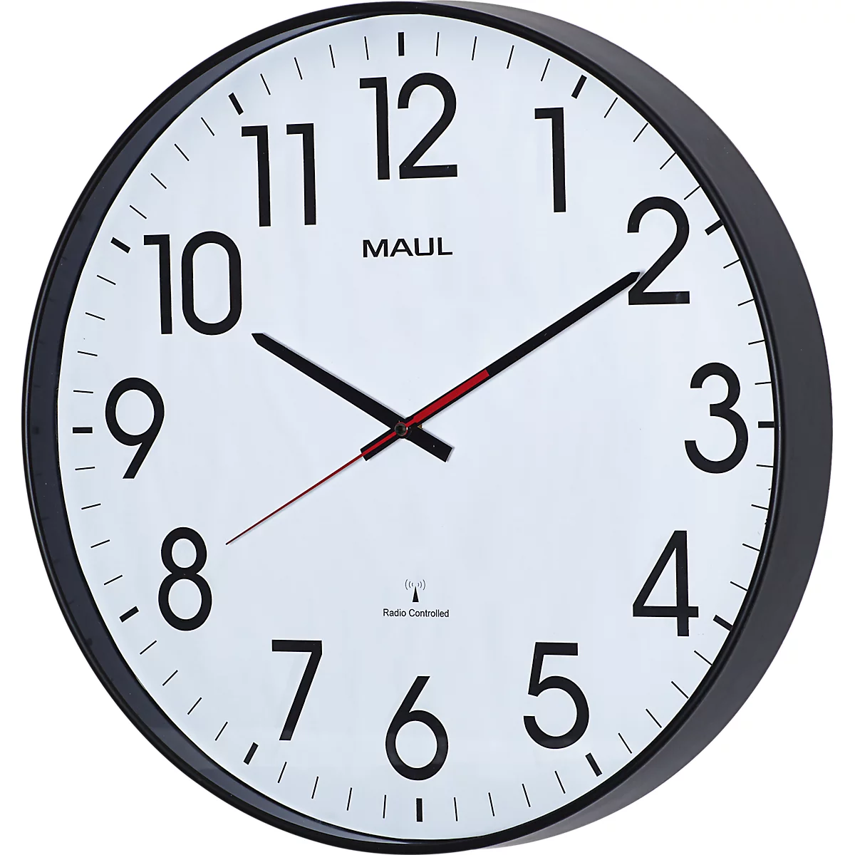 Radiogestuurde wandklok Maul MAULclimb, rond, voor binnengebruik, extra grote Arabische cijfers, minuten &amp; uureenheid, ∅ 470 mm, kunststof &amp; mineraalglas, zwart-wit-zwart, incl. batterij