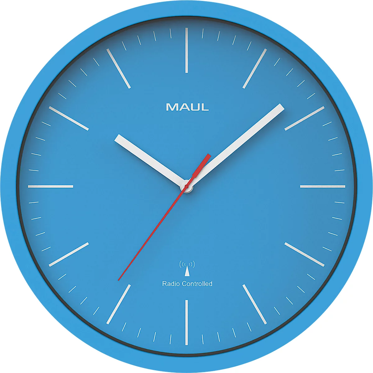 Radiogestuurde wandklok Maul MAULjump, rond, voor binnengebruik, minuten- &amp; uureenheid, ∅ 305 mm, kunststof &amp; mineraalglas, lichtblauw-wit, incl. batterij