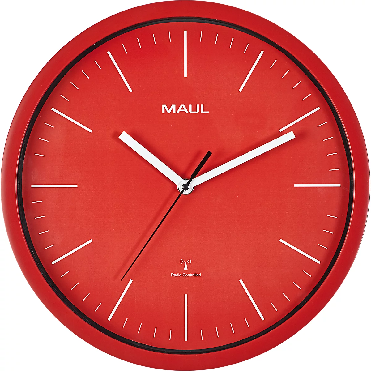 Radiogestuurde wandklok Maul MAULjump, rond, voor binnengebruik, minuten- &amp; uureenheid, ∅ 305 mm, kunststof &amp; mineraalglas, rood-wit, incl. batterij