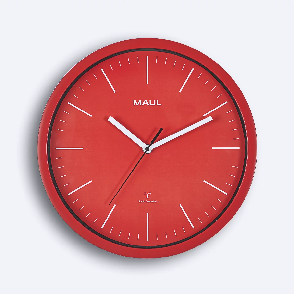 Radiogestuurde wandklok Maul MAULjump, rond, voor binnengebruik, minuten- &amp; uureenheid, ∅ 305 mm, kunststof &amp; mineraalglas, rood-wit, incl. batterij