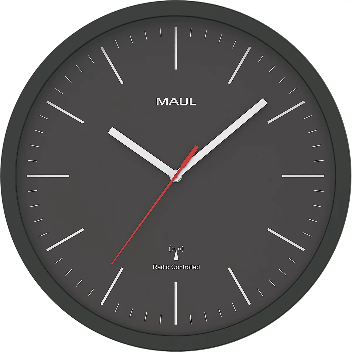 Radiogestuurde wandklok Maul MAULjump, rond, voor binnengebruik, minuten- &amp; uureenheid, ∅ 305 mm, kunststof &amp; mineraalglas, zwart &amp; wit, incl. batterij