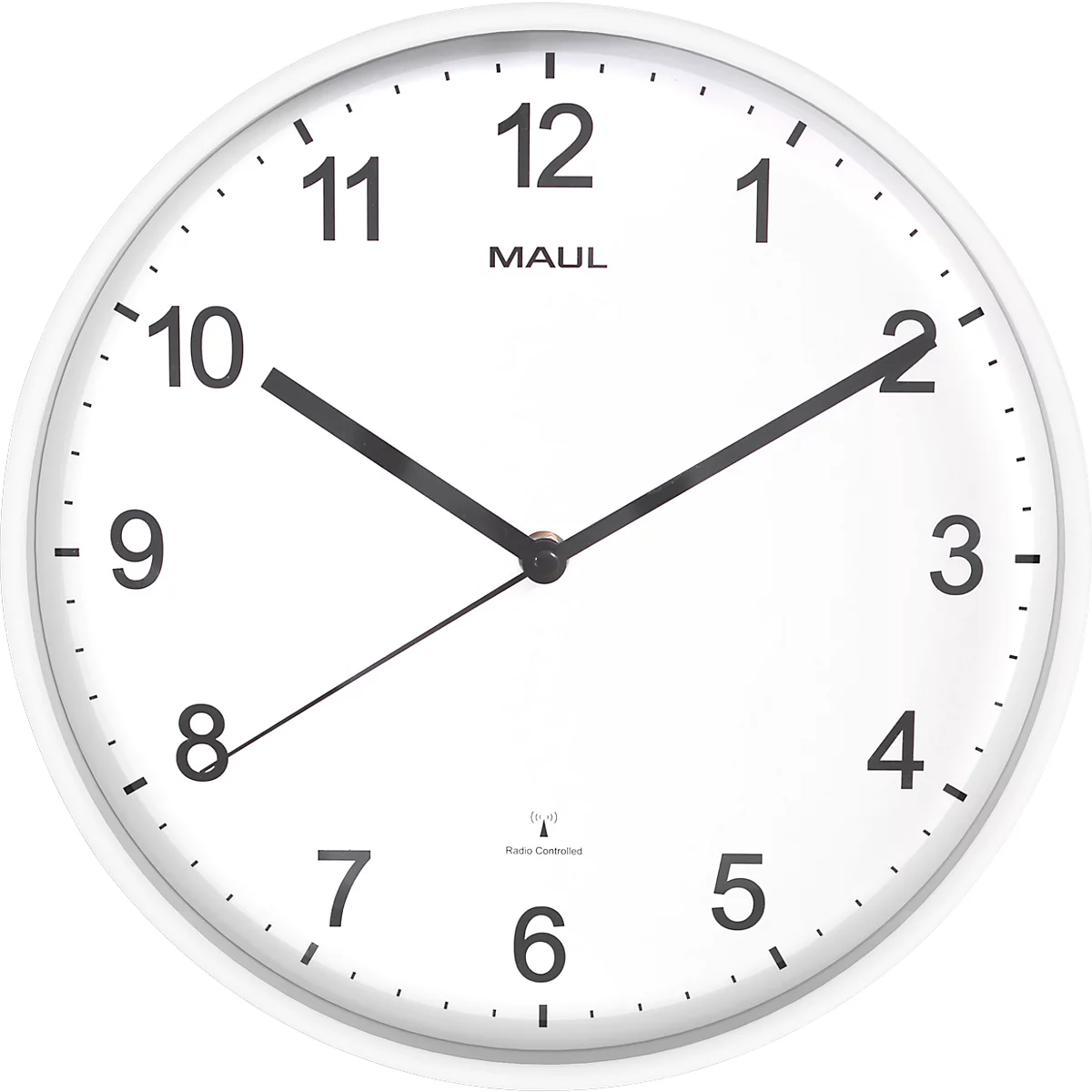 Radiogestuurde wandklok Maul MAULsprint, rond, voor binnengebruik, Arabische cijfers, minuten &amp; uureenheid, ∅ 305 mm, kunststof &amp; mineraalglas, wit-wit-zwart, incl. batterij