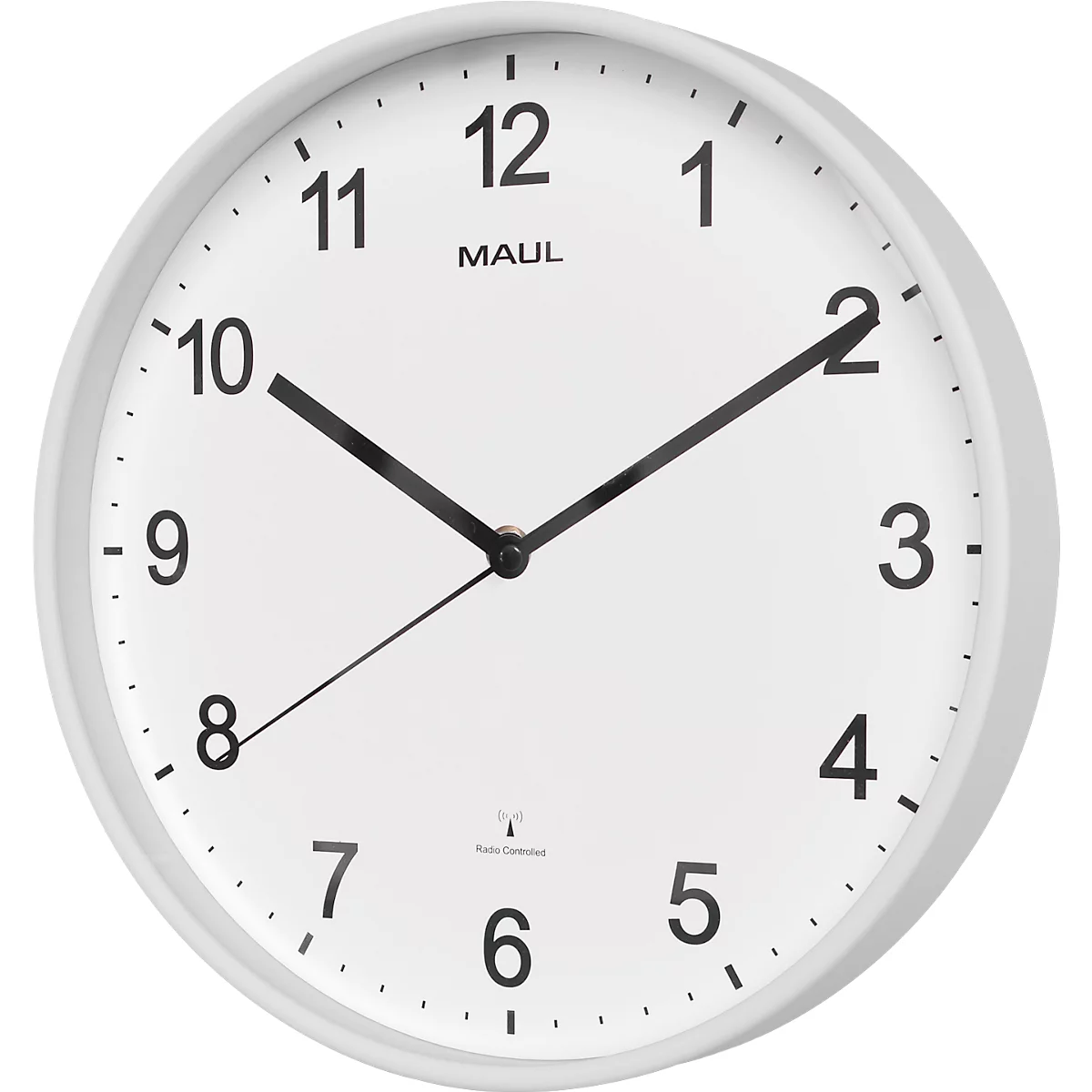 Radiogestuurde wandklok Maul MAULsprint, rond, voor binnengebruik, Arabische cijfers, minuten &amp; uureenheid, ∅ 305 mm, kunststof &amp; mineraalglas, wit-wit-zwart, incl. batterij