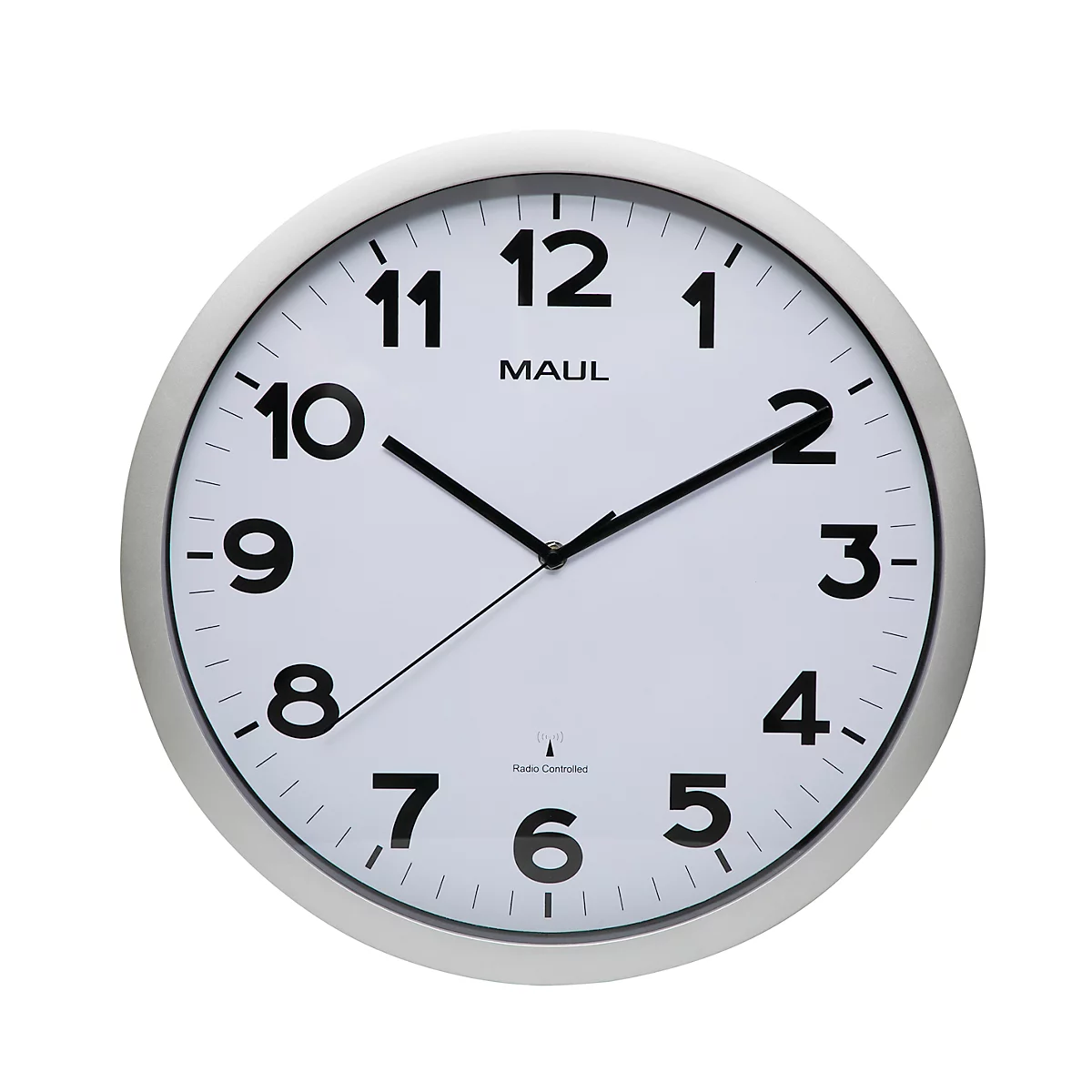 Radiogestuurde wandklok Maul MAULstep, zilver, voor binnengebruik, zwarte Arabische cijfers, automatische tijdsverandering, rond, Ø 350 mm, kunststof &amp; glas, met batterij