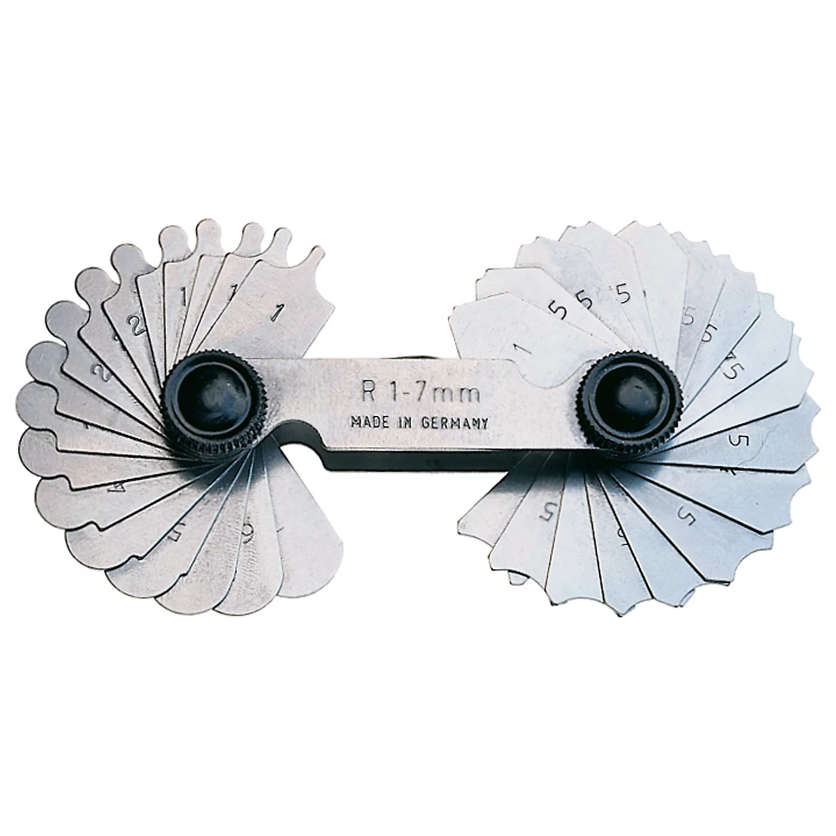 A silver radius gauge set with printed numbers. The gauge has the inscription "R 1-7mm MADE IN GERMANY".