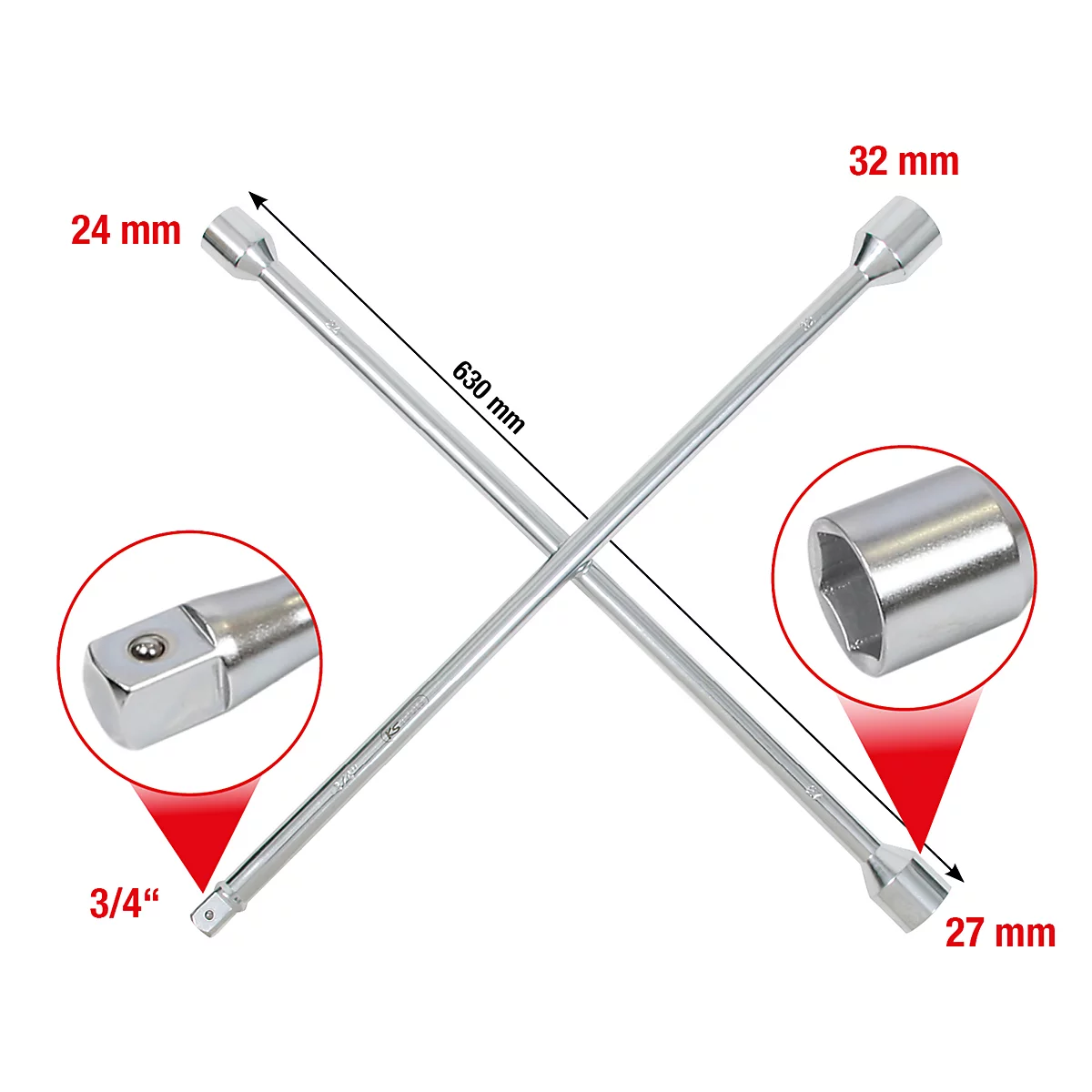 Chromstahl-Radkreuz mit Maßen. An den Enden sind verschiedene Größen angegeben: 24 mm, 32 mm und 27 mm.