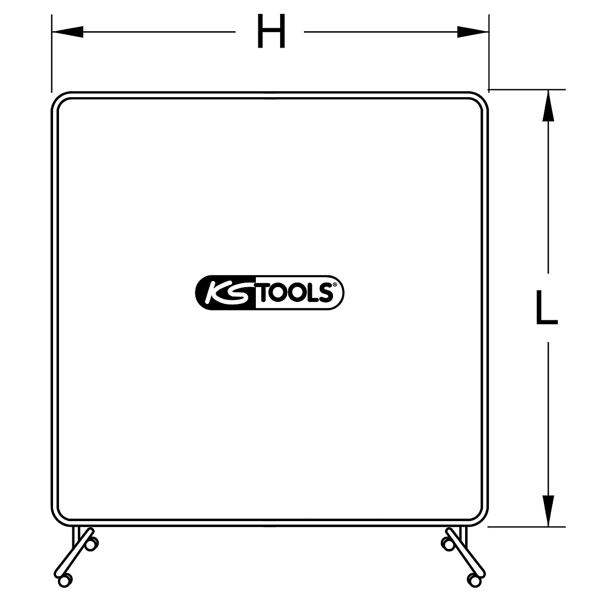 Skizze einer rechteckigen Werkzeugwand mit Rädern, Maße H und L, Logo 'KS TOOLS'.