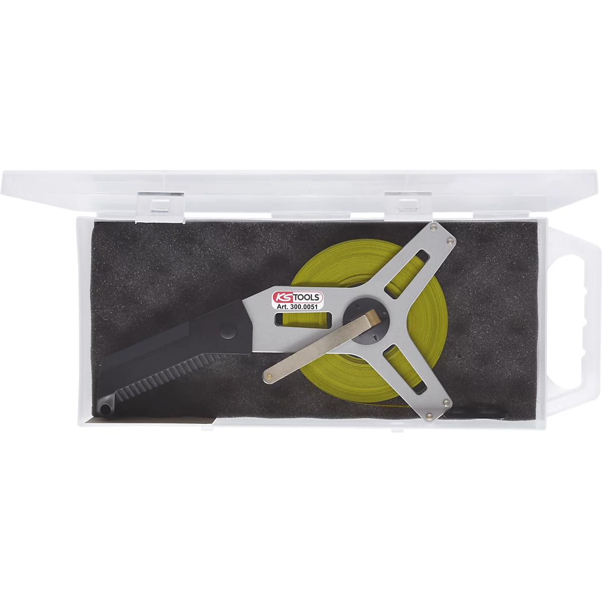 Zollstock in einer Plastikbox. Auf der Rolle ist der Markenname KS TOOLS A1 208 0001 zu lesen.